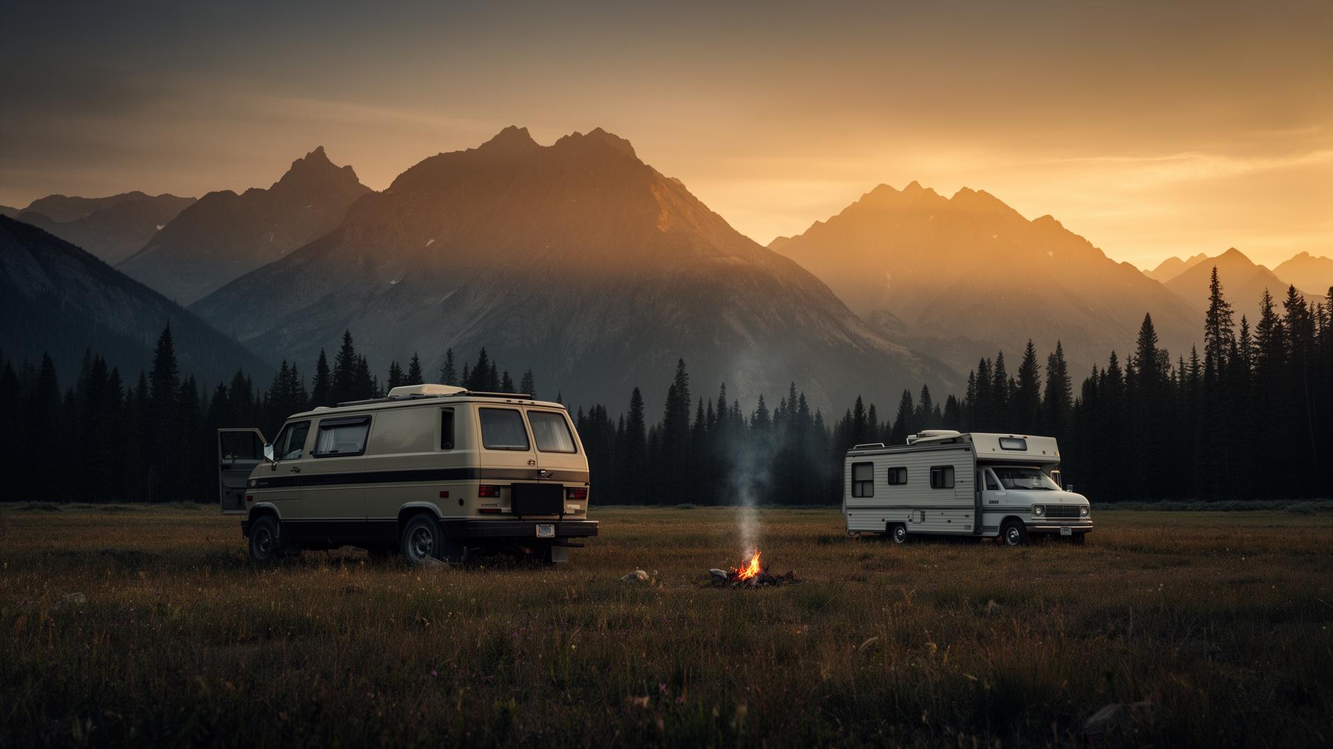 Camper van and RV boondocking at sunset in the mountains